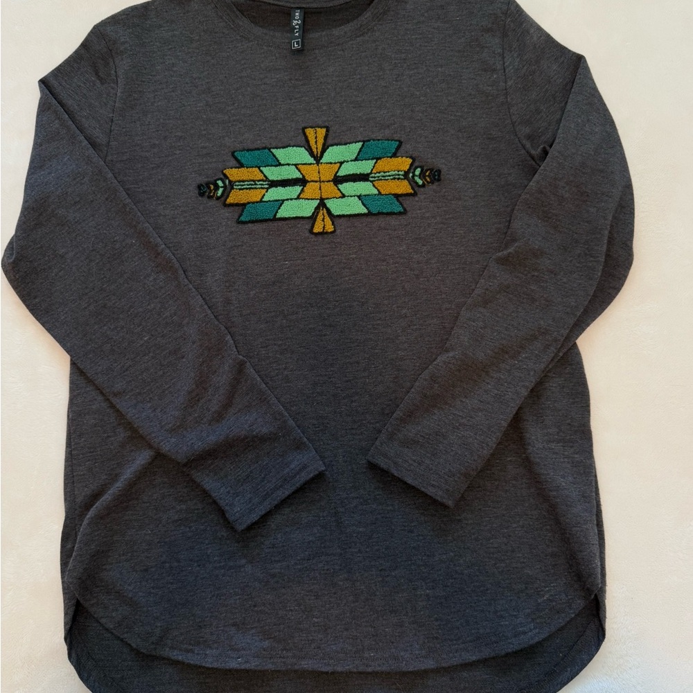 Charcoal Long Sleeve Top with Geometric Embroidered Aztec